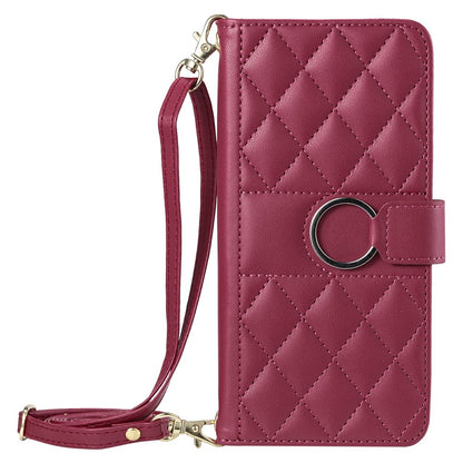 For iPhone 14 Pro Crossbody Leather Case Ring Buckle Wallet Stand Rhombus Mobile Cover