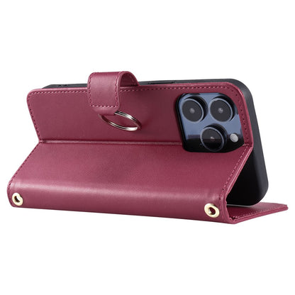 For iPhone 14 Pro Crossbody Leather Case Ring Buckle Wallet Stand Rhombus Mobile Cover