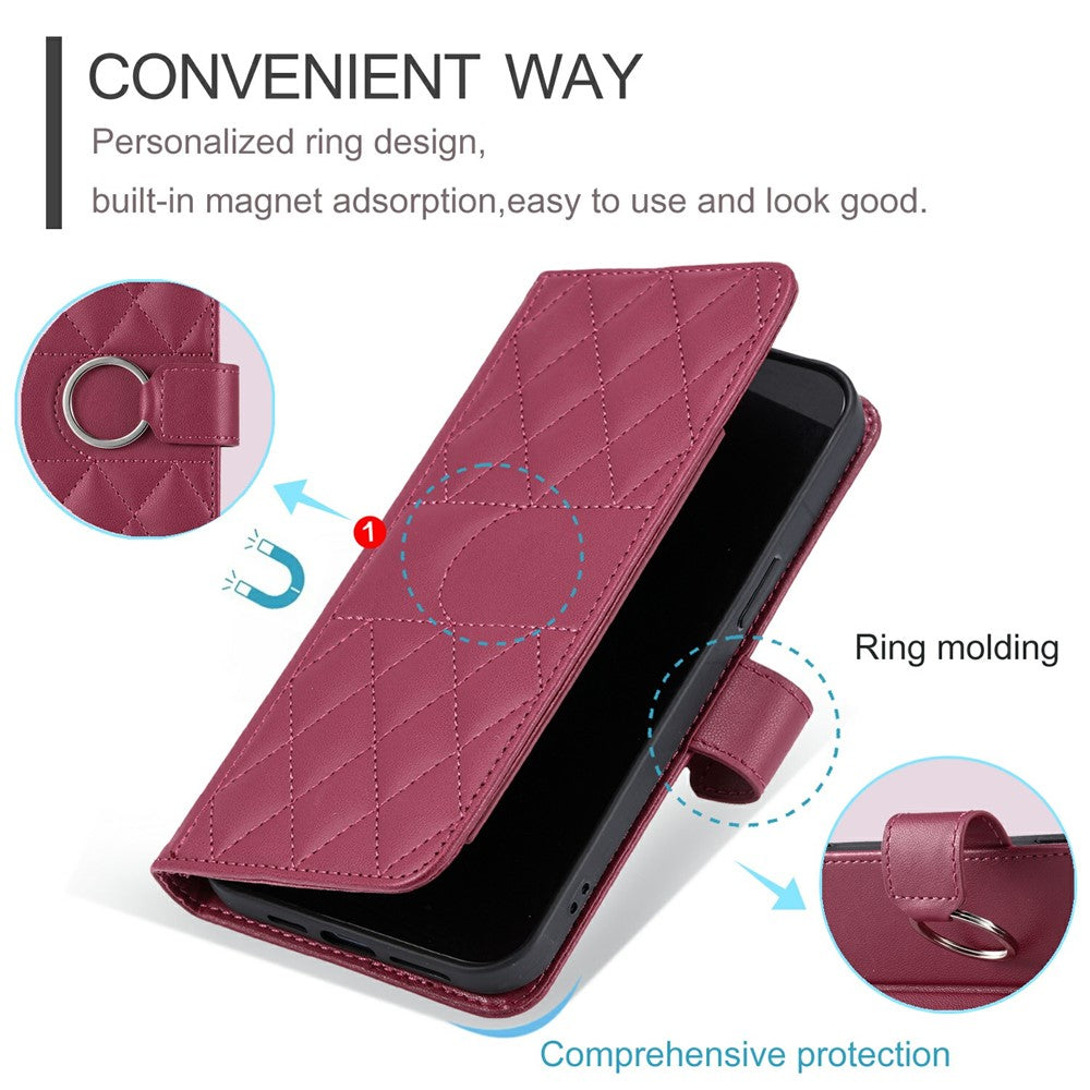 For iPhone 14 Pro Crossbody Leather Case Ring Buckle Wallet Stand Rhombus Mobile Cover