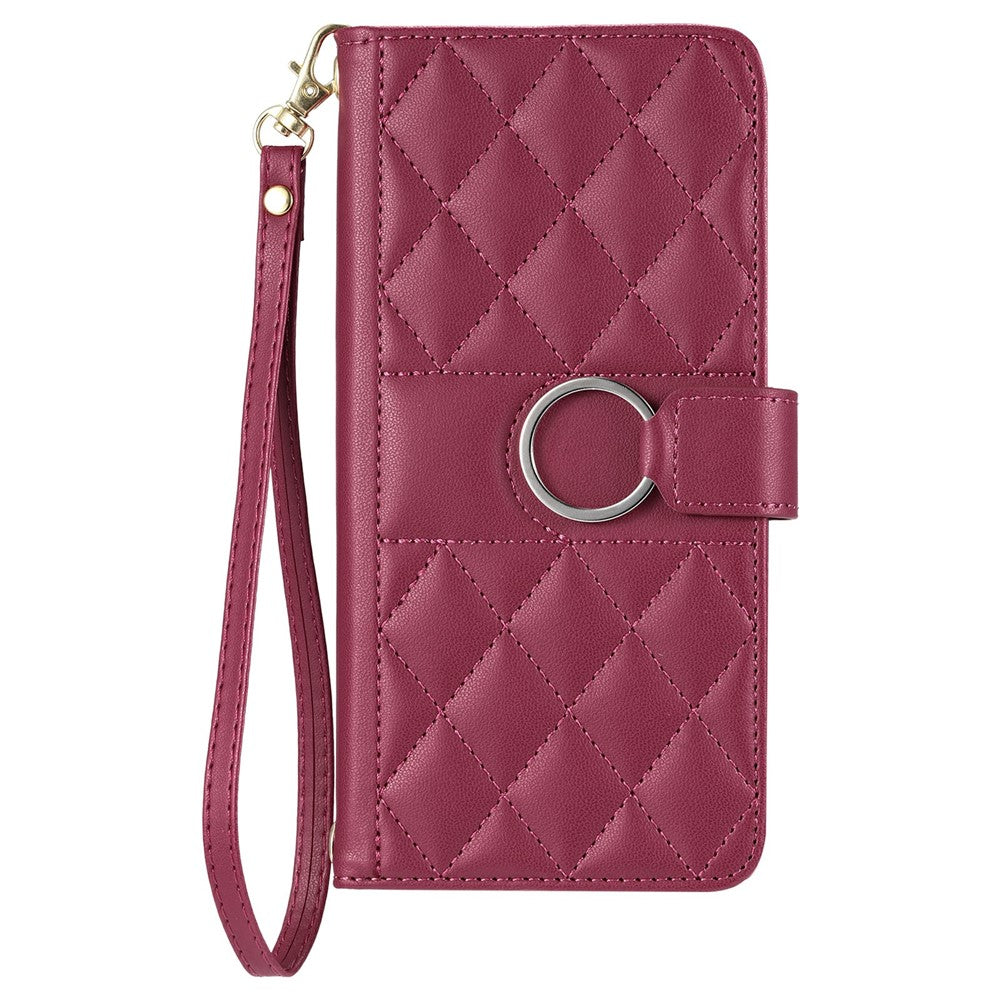 For iPhone 14 Pro Crossbody Leather Case Ring Buckle Wallet Stand Rhombus Mobile Cover