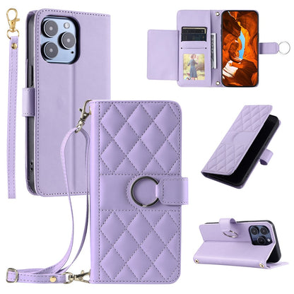 For iPhone 14 Pro Crossbody Leather Case Ring Buckle Wallet Stand Rhombus Mobile Cover