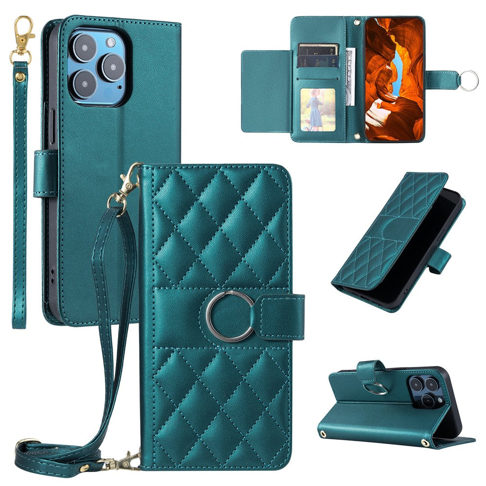 For iPhone 14 Pro Crossbody Leather Case Ring Buckle Wallet Stand Rhombus Mobile Cover