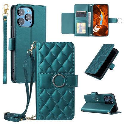 For iPhone 14 Pro Crossbody Leather Case Ring Buckle Wallet Stand Rhombus Mobile Cover