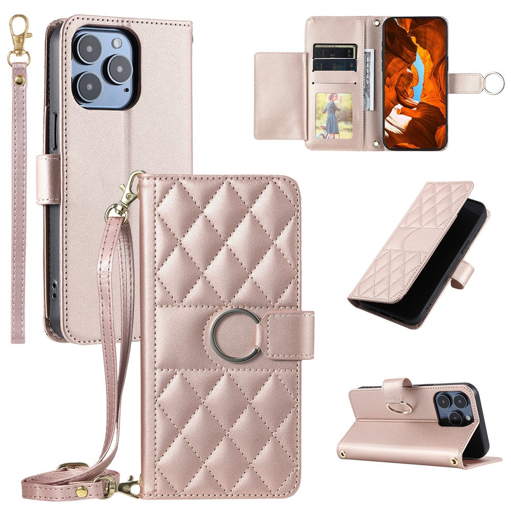 For iPhone 14 Pro Crossbody Leather Case Ring Buckle Wallet Stand Rhombus Mobile Cover