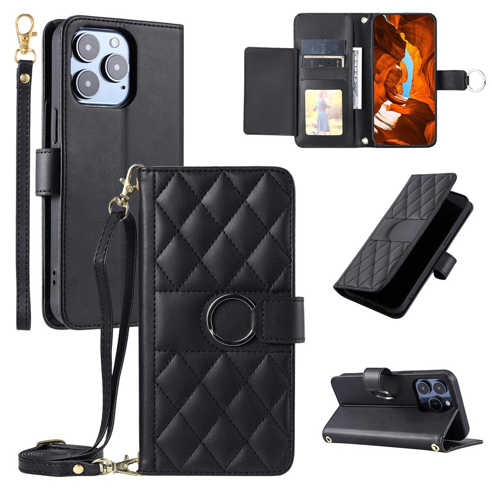 For iPhone 14 Pro Crossbody Leather Case Ring Buckle Wallet Stand Rhombus Mobile Cover