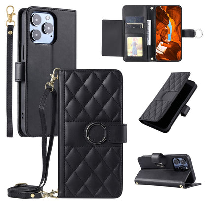 For iPhone 14 Pro Crossbody Leather Case Ring Buckle Wallet Stand Rhombus Mobile Cover