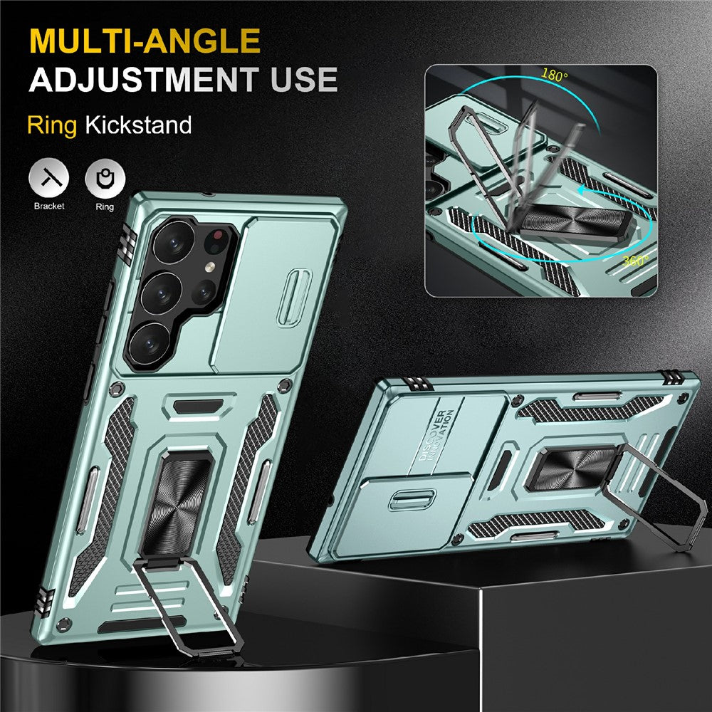 For Samsung Galaxy S25 Ultra Case Kickstand Slide Lens Lid PC+TPU Drop-Proof Phone Cover