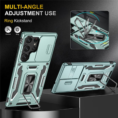 For Samsung Galaxy S25 Ultra Case Kickstand Slide Lens Lid PC+TPU Drop-Proof Phone Cover