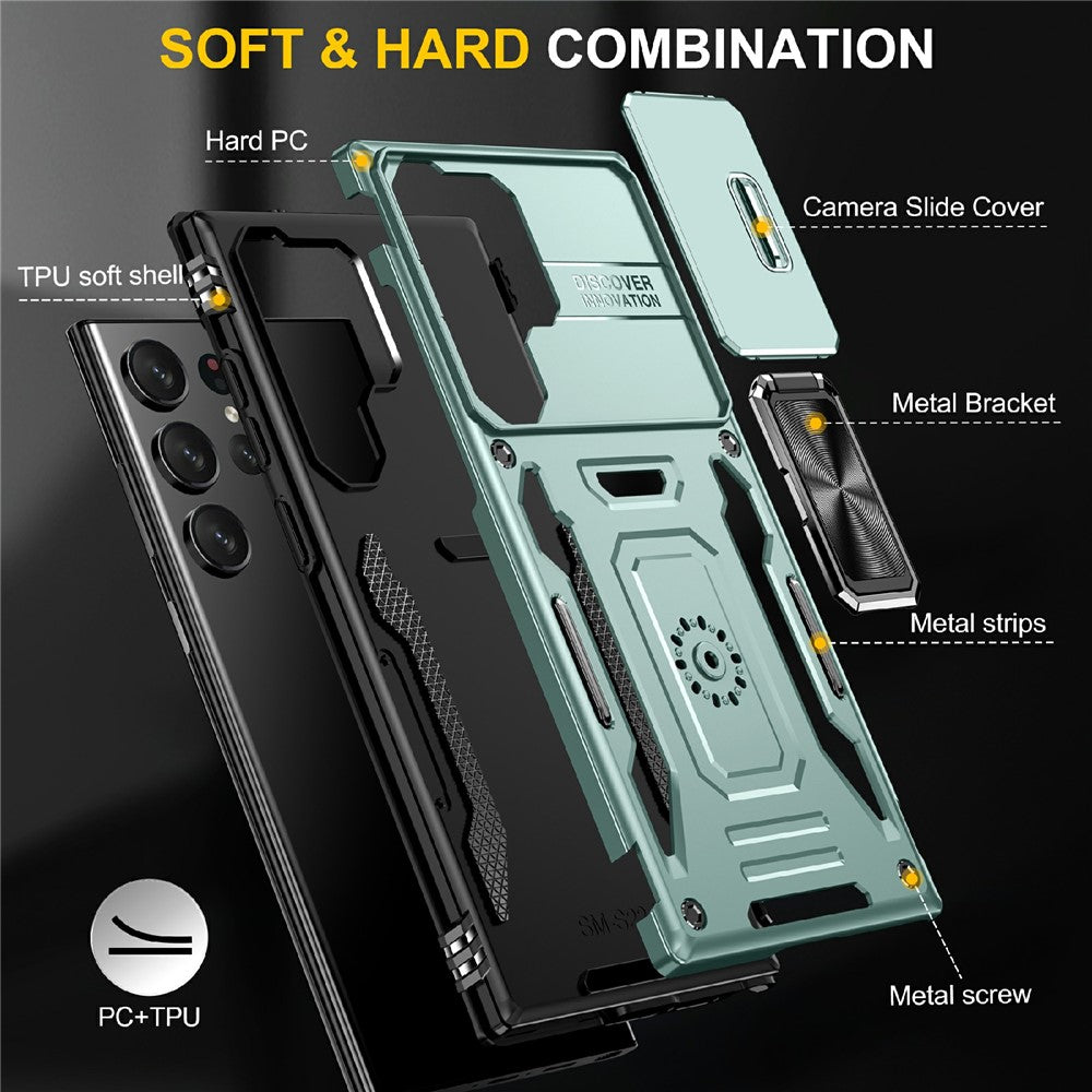 For Samsung Galaxy S25 Ultra Case Kickstand Slide Lens Lid PC+TPU Drop-Proof Phone Cover
