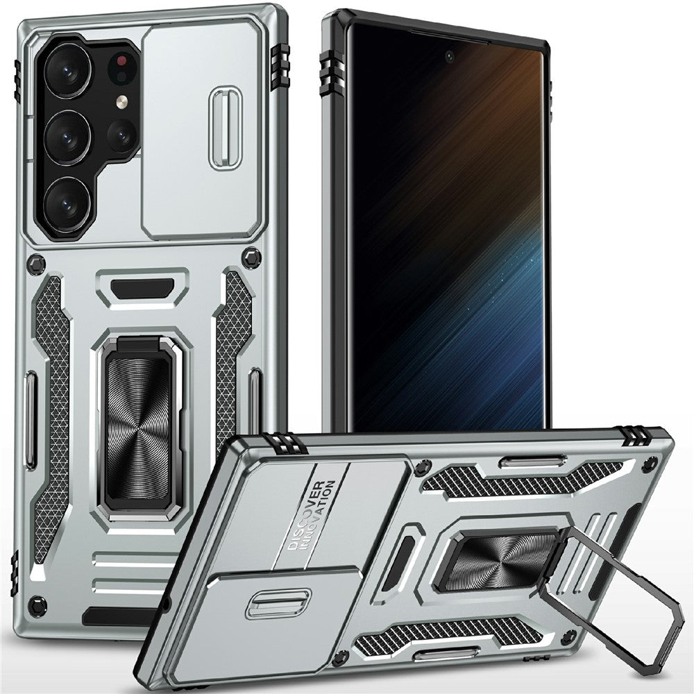 For Samsung Galaxy S25 Ultra Case Kickstand Slide Lens Lid PC+TPU Drop-Proof Phone Cover