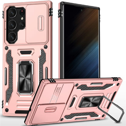 For Samsung Galaxy S25 Ultra Case Kickstand Slide Lens Lid PC+TPU Drop-Proof Phone Cover