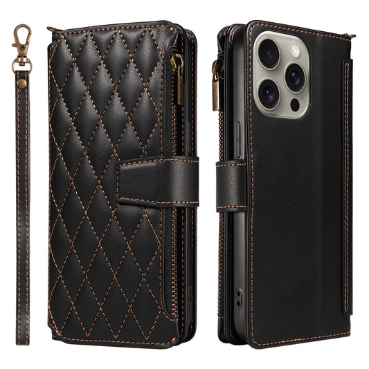 For iPhone 14 Pro Leather Case with Card Holder, RFID Blocking Wallet Phone Cover Rhombus Pattern