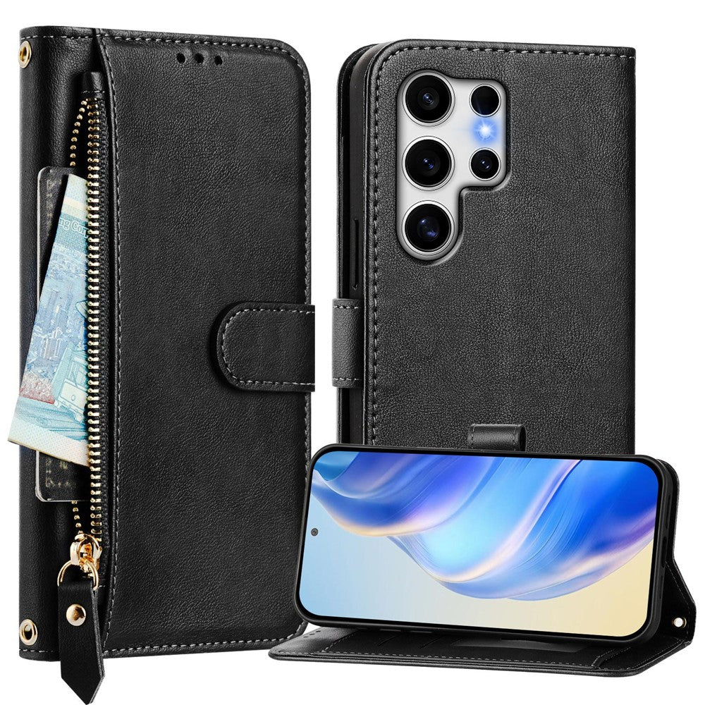 For Samsung Galaxy S25 Ultra Case Zipper Pocket Multiple Card Slots Leather Phone Cover