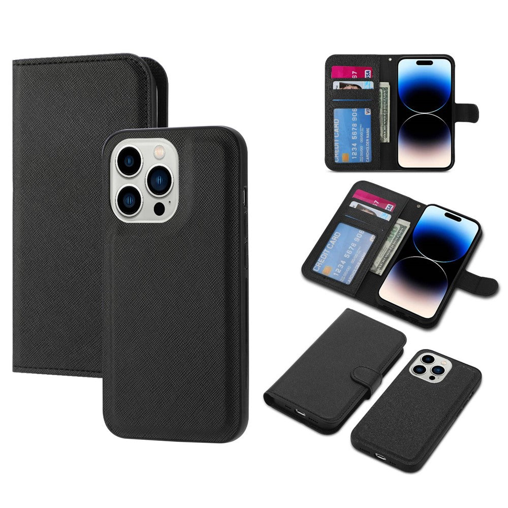 For iPhone 14 Pro Max Cross Texture Flodable Stand Leather Wallet Cover Detachable TPU Protective Case