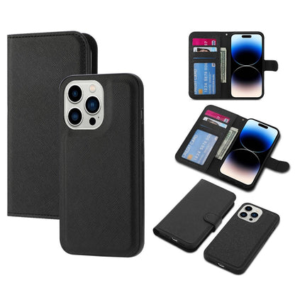 For iPhone 14 Pro Max Cross Texture Flodable Stand Leather Wallet Cover Detachable TPU Protective Case