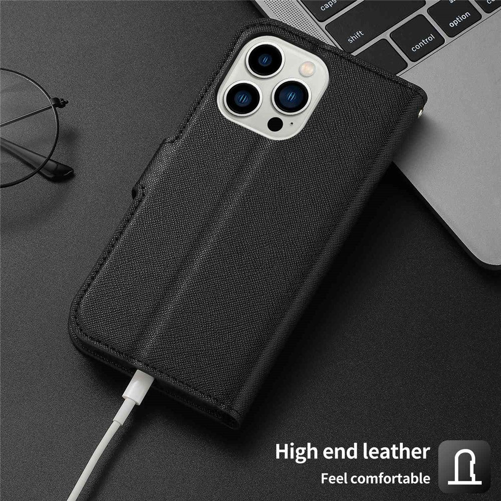 For iPhone 14 Pro Max Cross Texture Flodable Stand Leather Wallet Cover Detachable TPU Protective Case