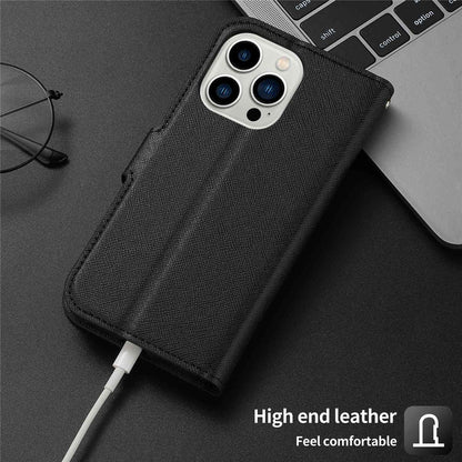 For iPhone 14 Pro Max Cross Texture Flodable Stand Leather Wallet Cover Detachable TPU Protective Case