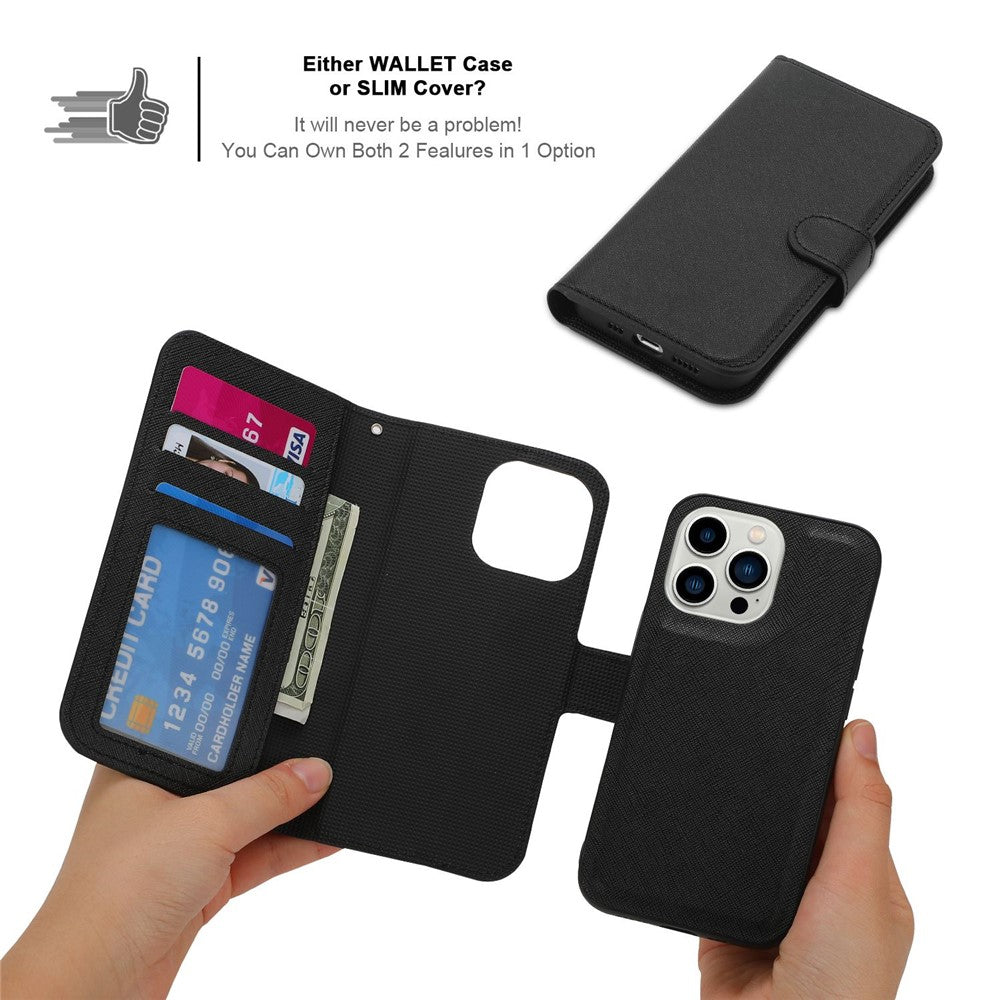 For iPhone 14 Pro Max Cross Texture Flodable Stand Leather Wallet Cover Detachable TPU Protective Case