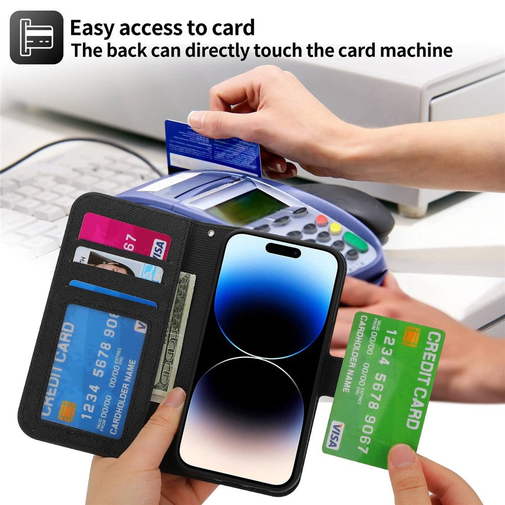 For iPhone 14 Pro Max Cross Texture Flodable Stand Leather Wallet Cover Detachable TPU Protective Case