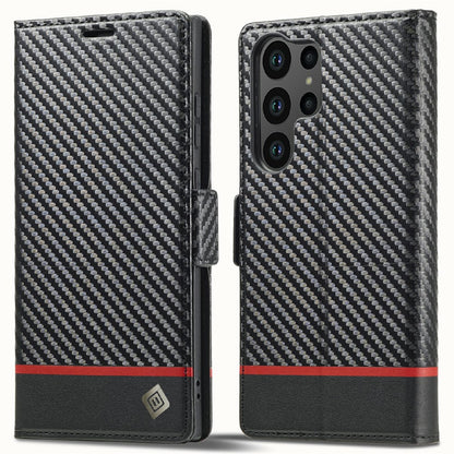 LC.IMEEKE For Samsung Galaxy S25 Ultra Case Carbon Fiber Texture Phone Cover Stand Card Holder