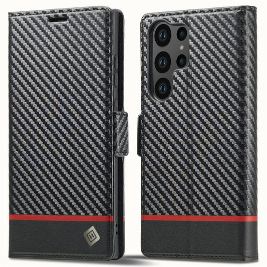 LC.IMEEKE For Samsung Galaxy S25 Ultra Case Carbon Fiber Texture Phone Cover Stand Card Holder