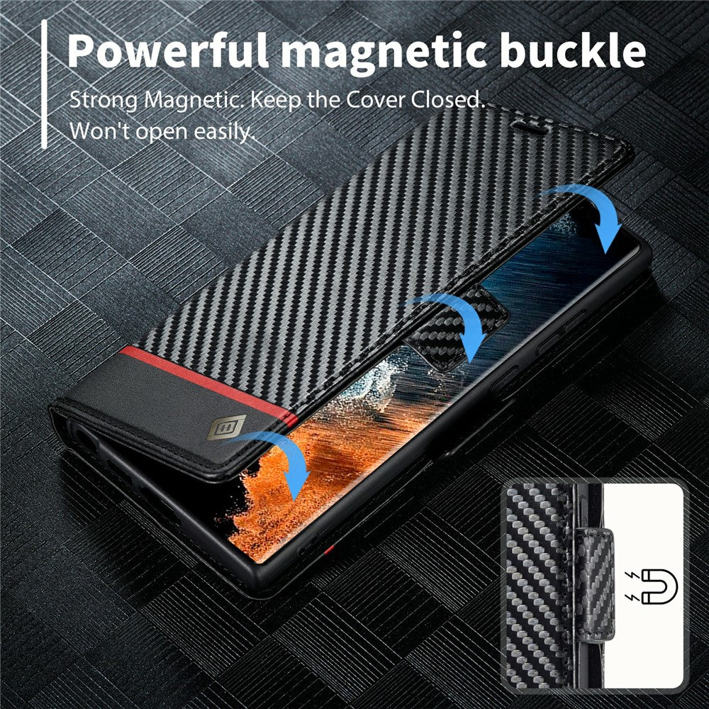 LC.IMEEKE For Samsung Galaxy S25 Ultra Case Carbon Fiber Texture Phone Cover Stand Card Holder