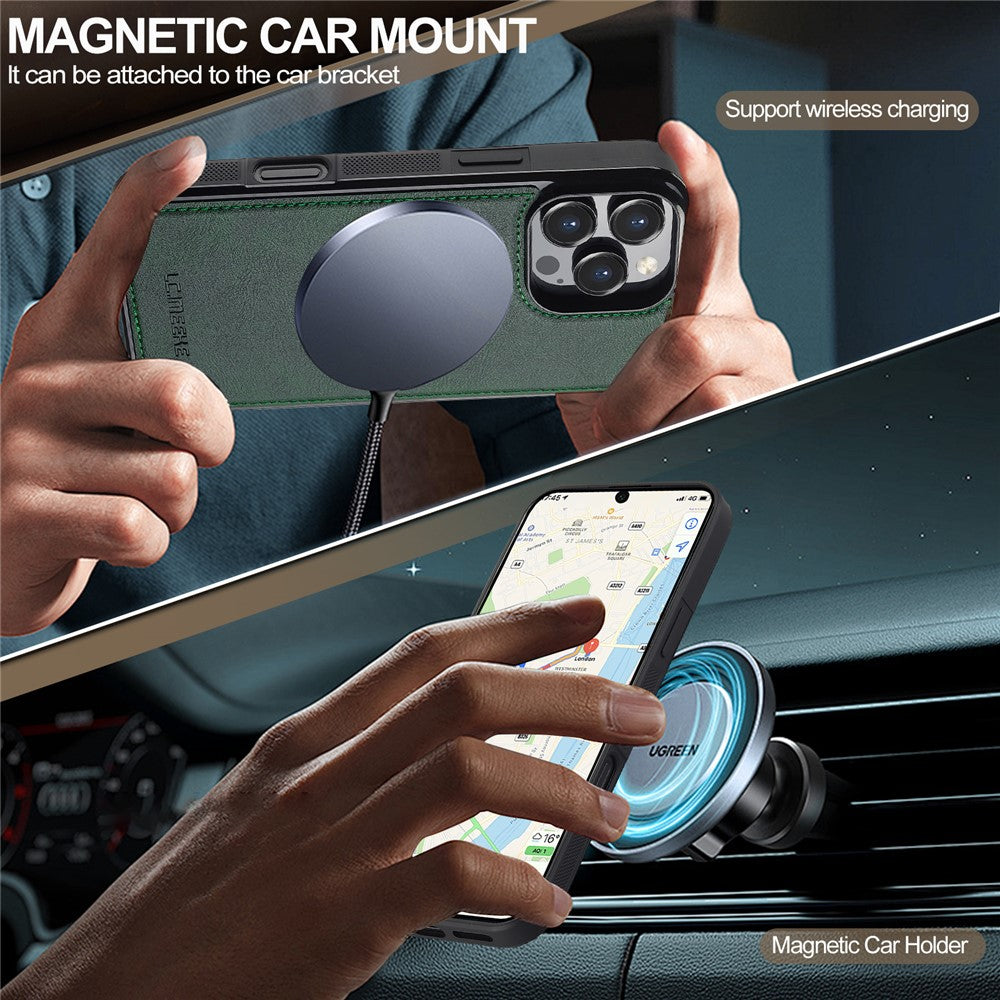 LC.IMEEKE For iPhone 16 Pro Max Magnetic Case Compatible with MagSafe Leather+TPU Back Cover