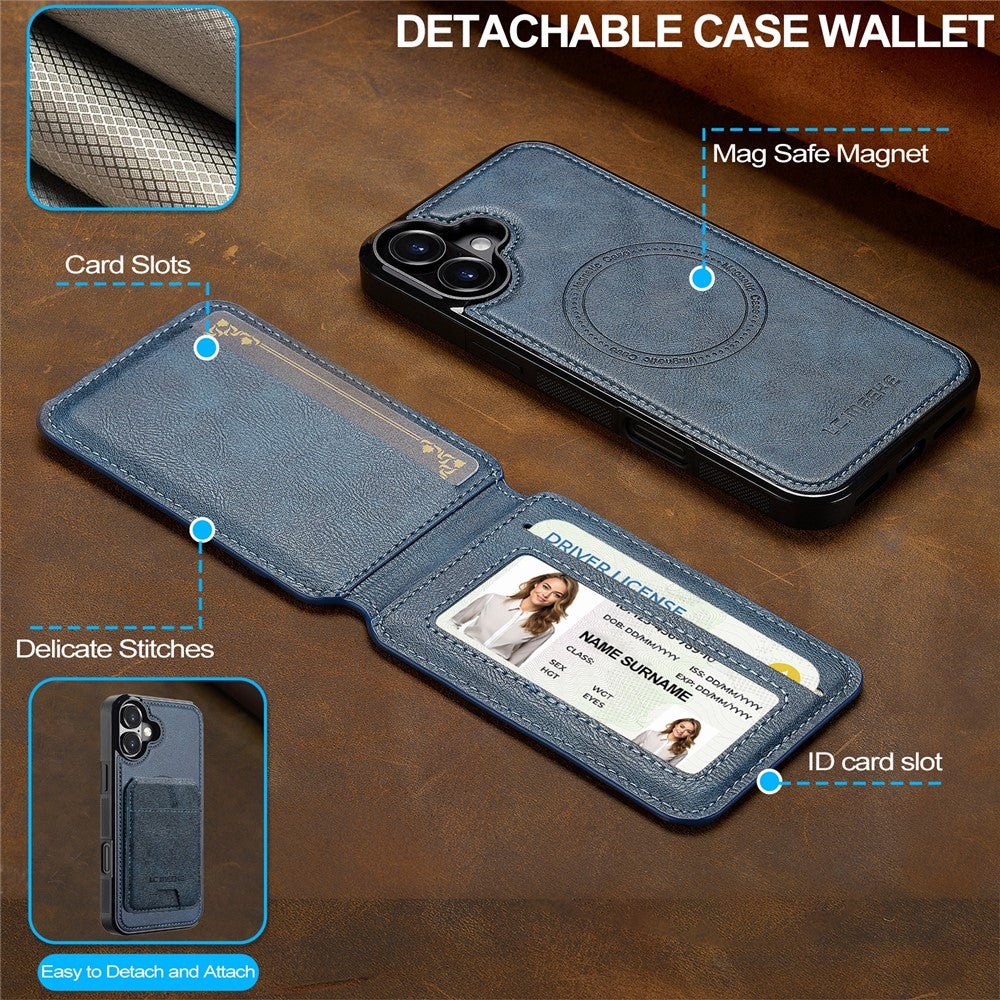 LC.IMEEKE L3 For iPhone 16 Magnetic Case Detachable Card Holder Leather+TPU Mobile Cover