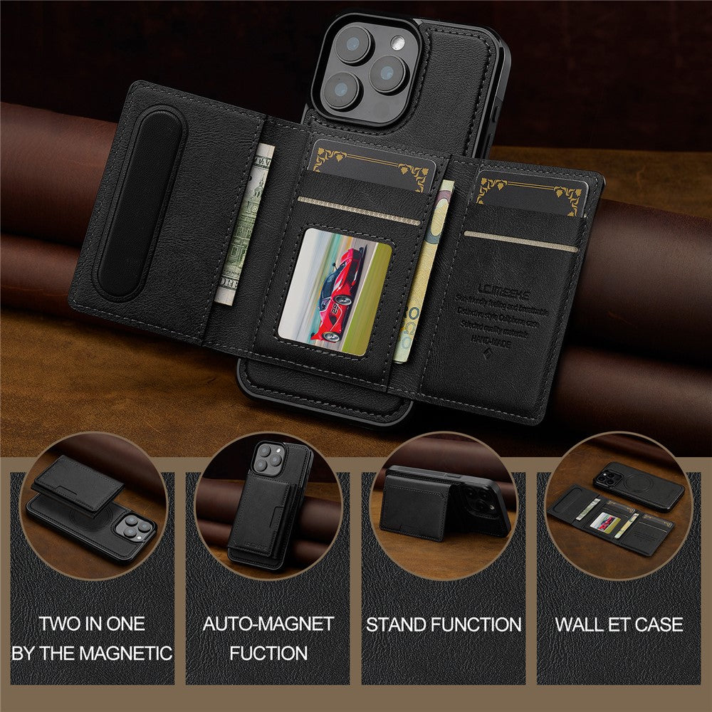 LC.IMEEKE L5 For iPhone 14 Pro Magnetic Phone Case Leather Back Cover with Detachable Card Holder