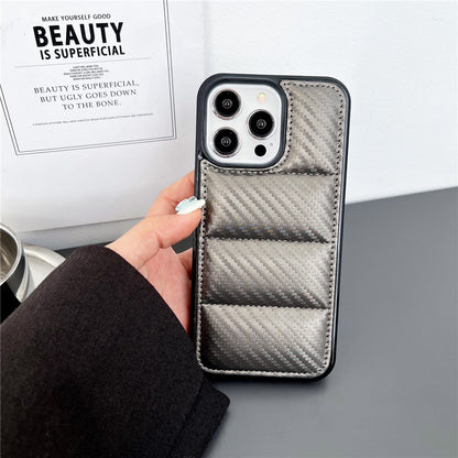 For iPhone 14 Pro Case Carbon Fiber Puffer Jacket Leather+TPU Shockproof Phone Cover