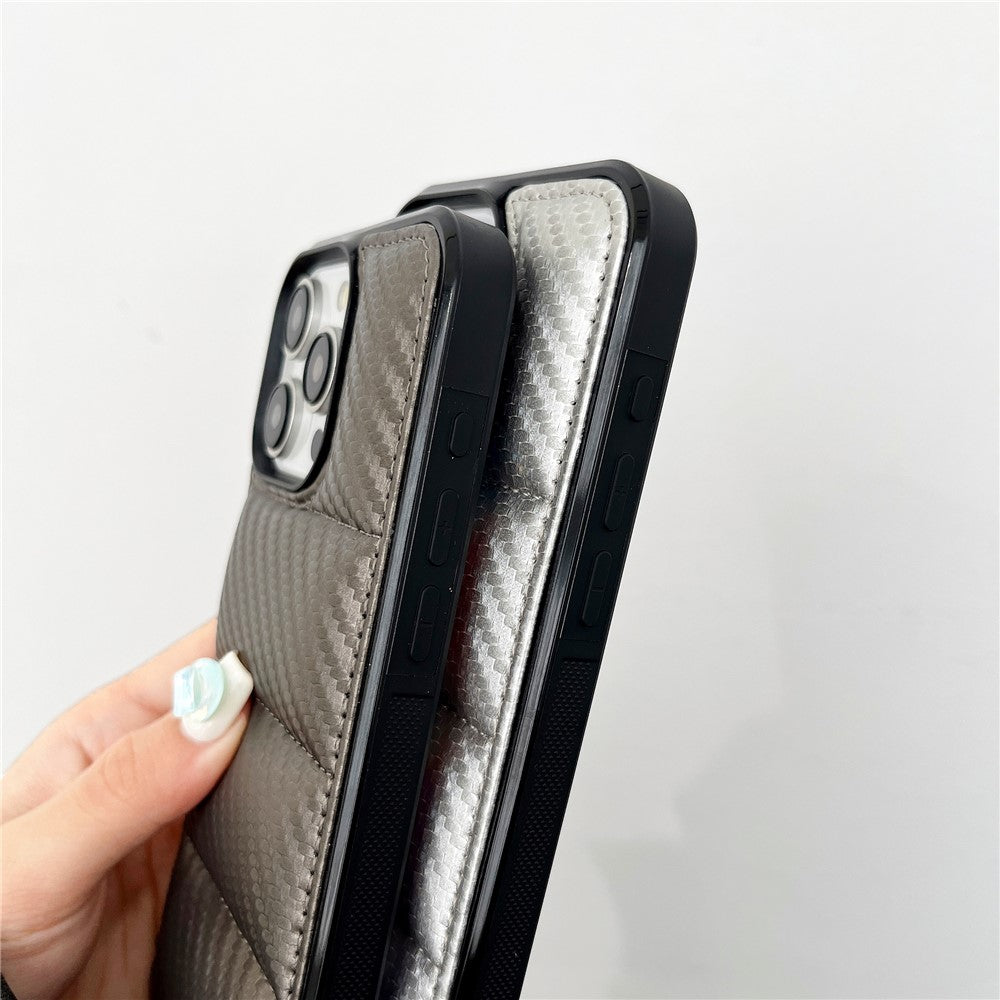 For iPhone 14 Pro Case Carbon Fiber Puffer Jacket Leather+TPU Shockproof Phone Cover