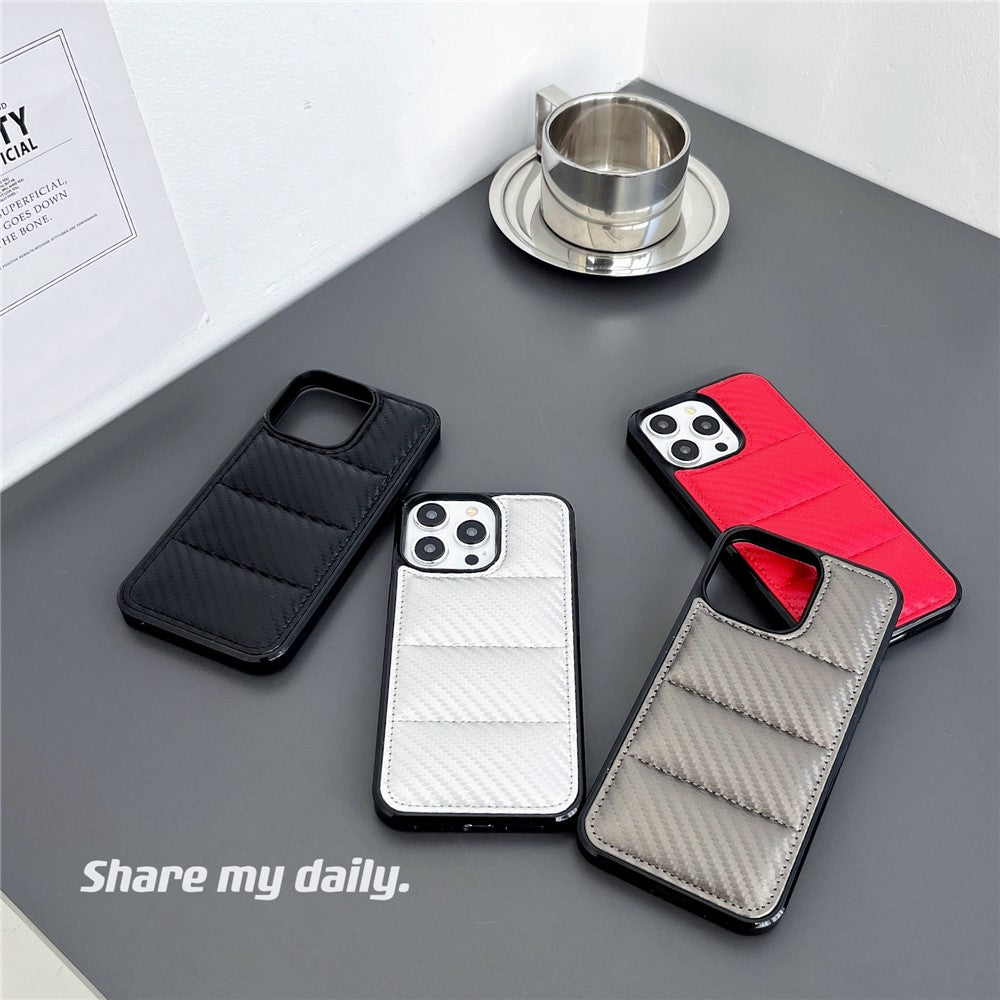 For iPhone 14 Pro Case Carbon Fiber Puffer Jacket Leather+TPU Shockproof Phone Cover