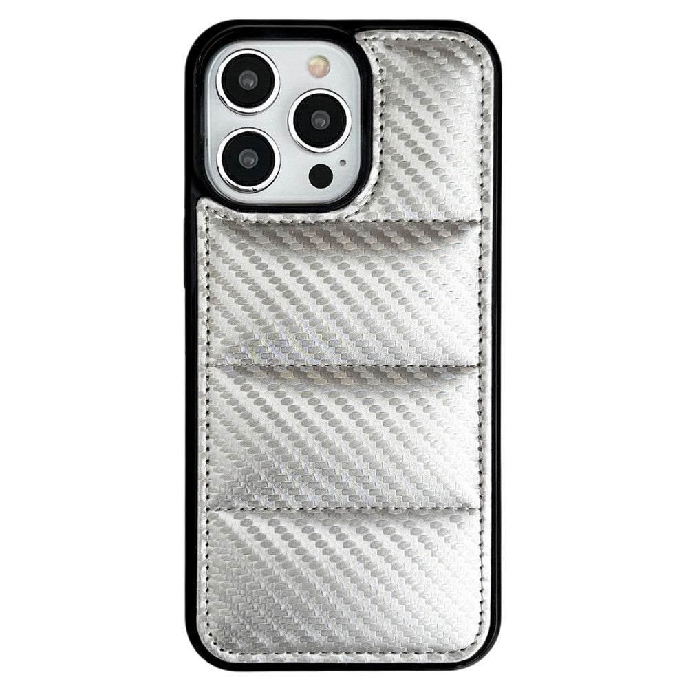 For iPhone 14 Pro Case Carbon Fiber Puffer Jacket Leather+TPU Shockproof Phone Cover