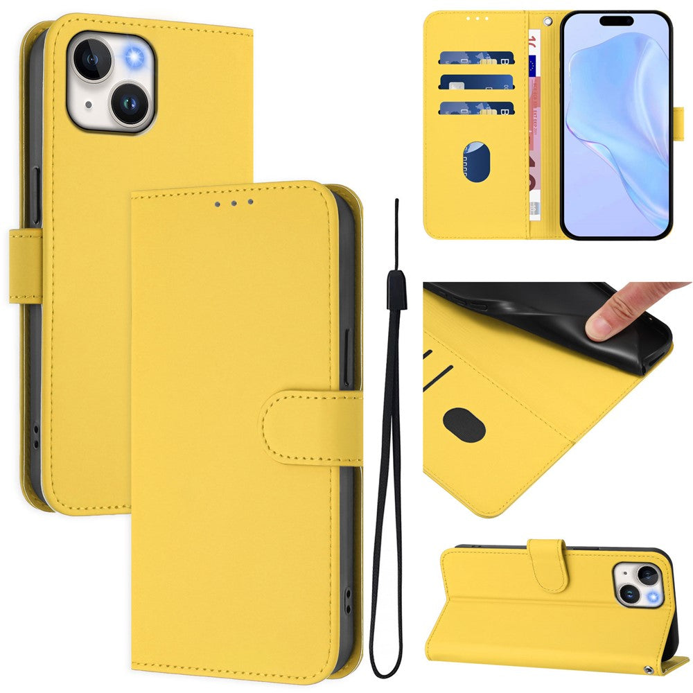 For iPhone 15 Case Solid Color Wallet Leather Phone Cover with Strap