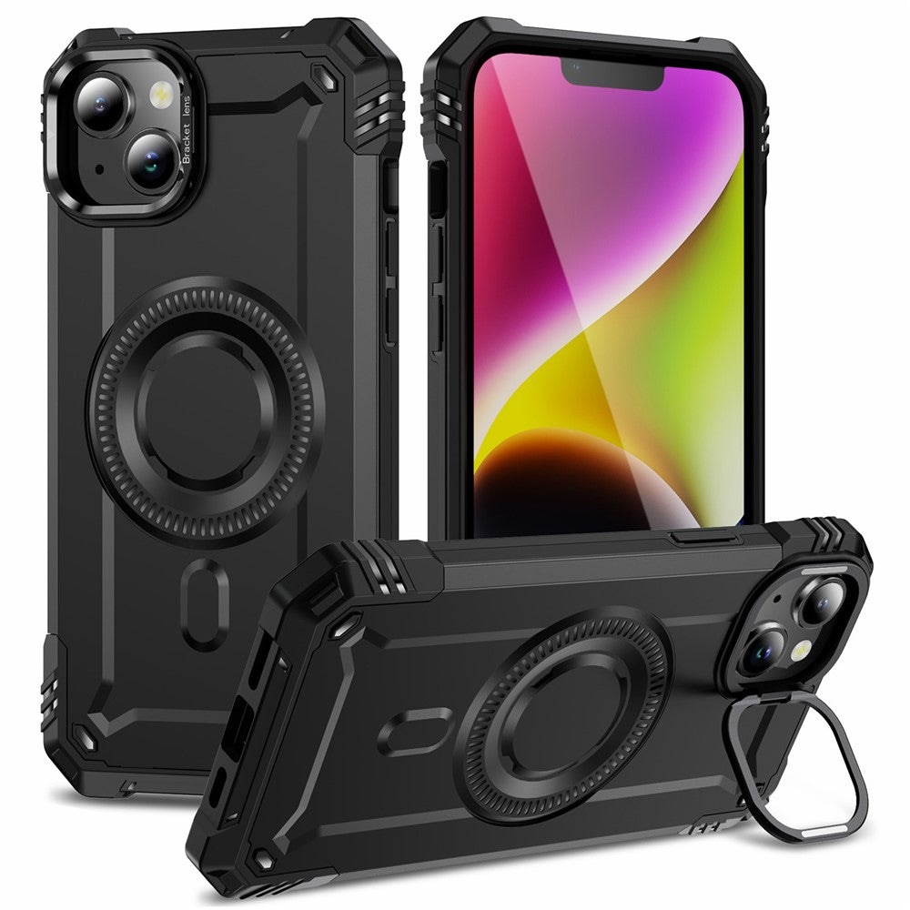 For iPhone 14 Case Compatible with MagSafe Metal Lens Frame Kickstand PC+TPU Mobile Cover