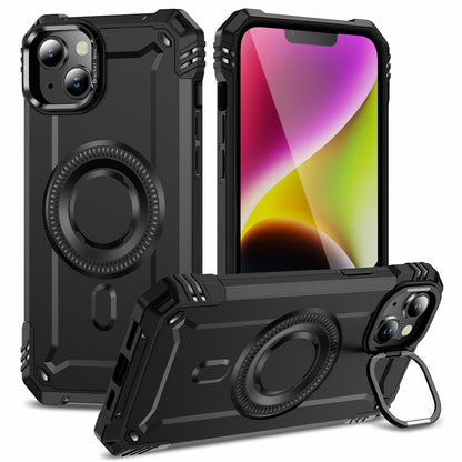 For iPhone 14 Case Compatible with MagSafe Metal Lens Frame Kickstand PC+TPU Mobile Cover