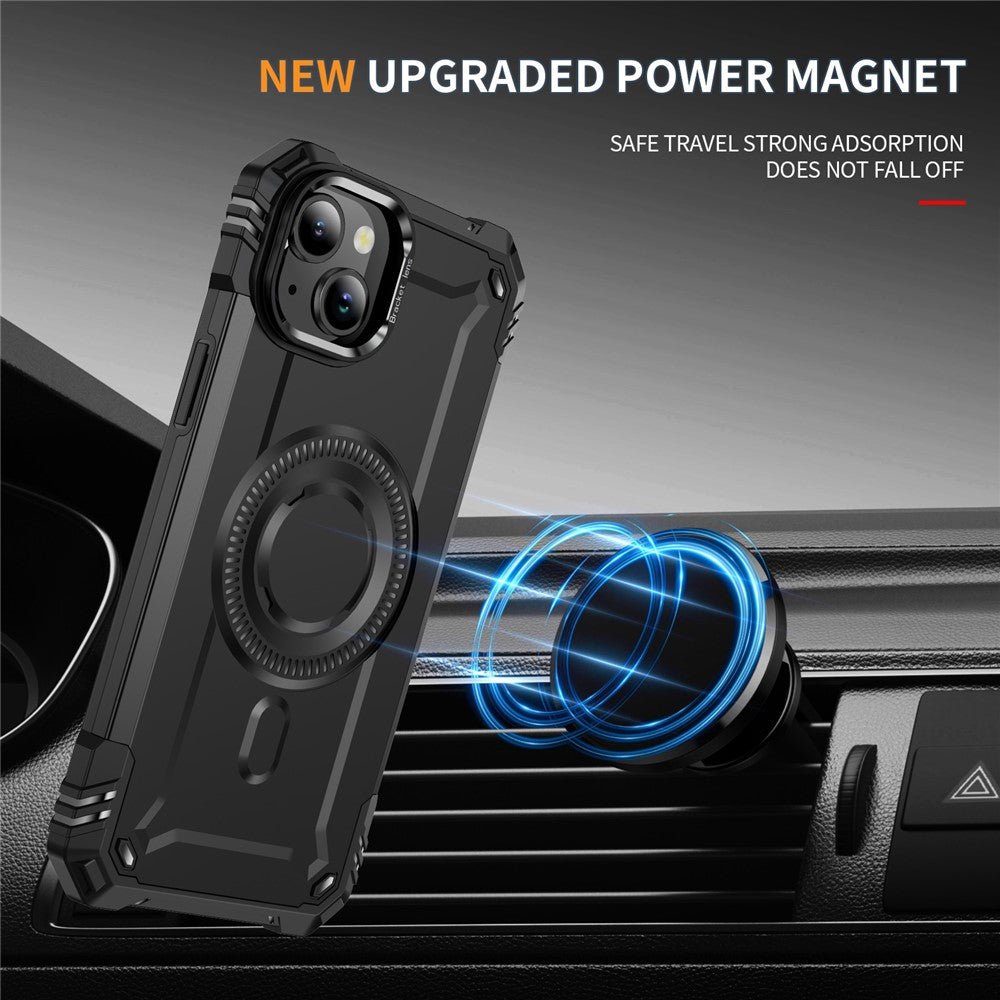 For iPhone 14 Case Compatible with MagSafe Metal Lens Frame Kickstand PC+TPU Mobile Cover