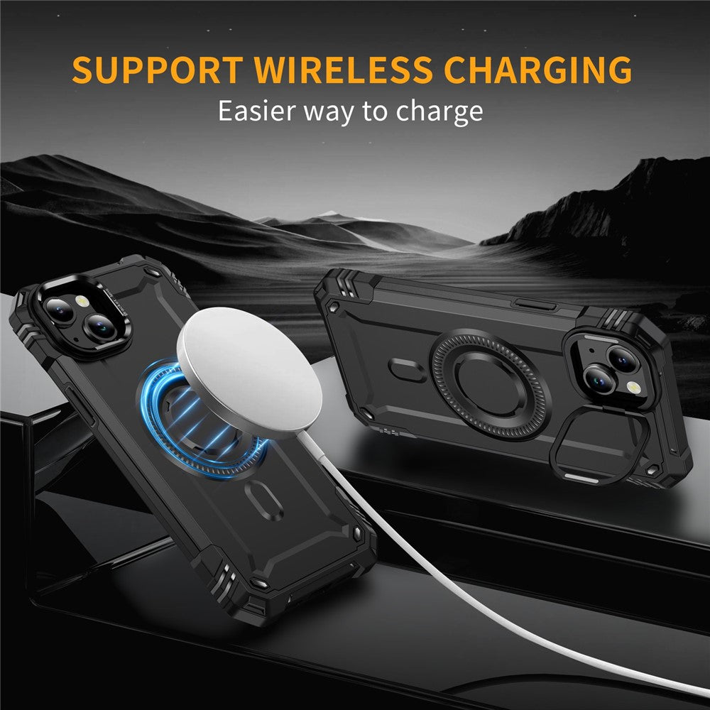 For iPhone 14 Case Compatible with MagSafe Metal Lens Frame Kickstand PC+TPU Mobile Cover