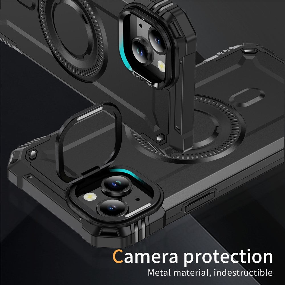 For iPhone 14 Case Compatible with MagSafe Metal Lens Frame Kickstand PC+TPU Mobile Cover