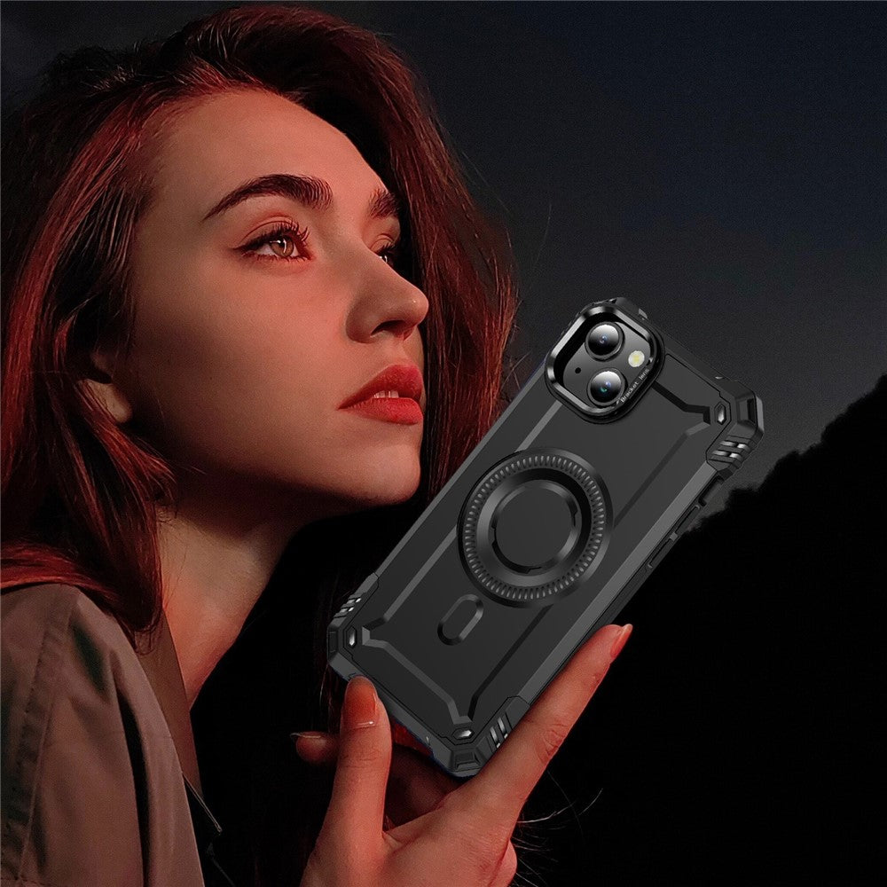 For iPhone 14 Case Compatible with MagSafe Metal Lens Frame Kickstand PC+TPU Mobile Cover