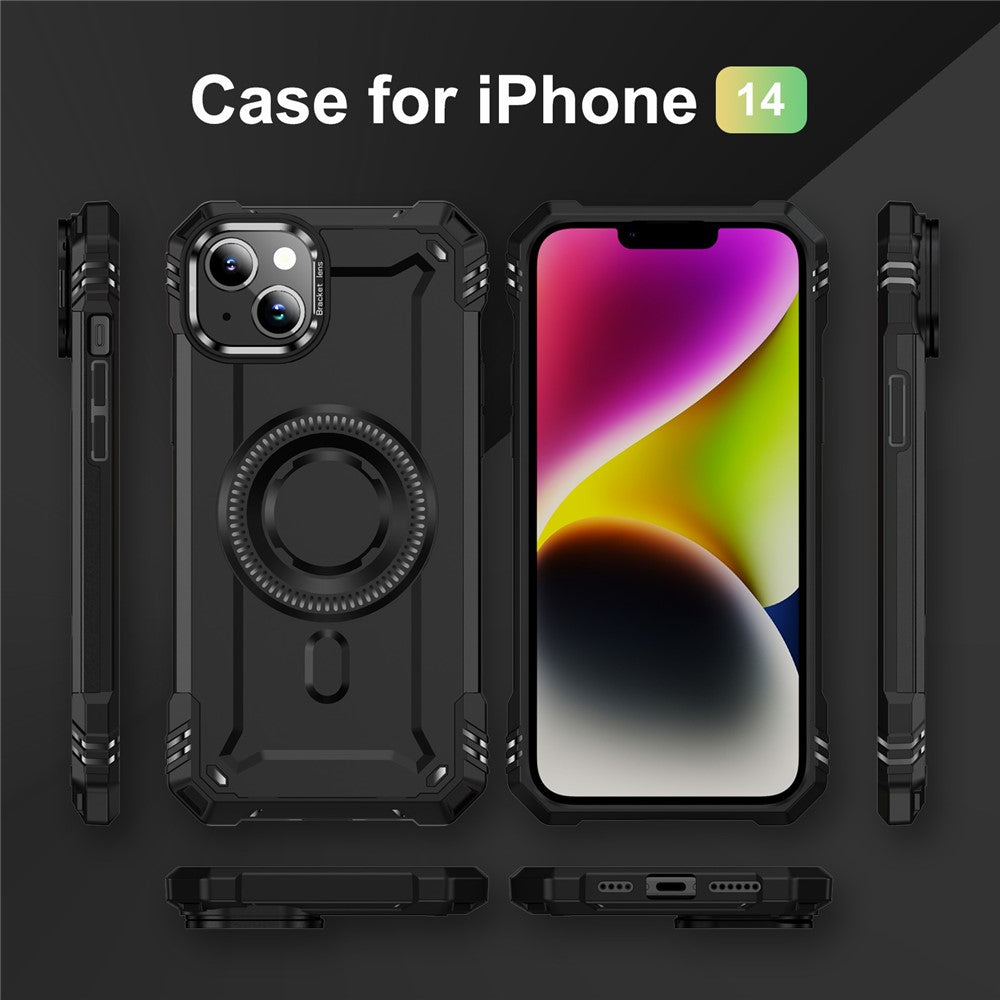 For iPhone 14 Case Compatible with MagSafe Metal Lens Frame Kickstand PC+TPU Mobile Cover