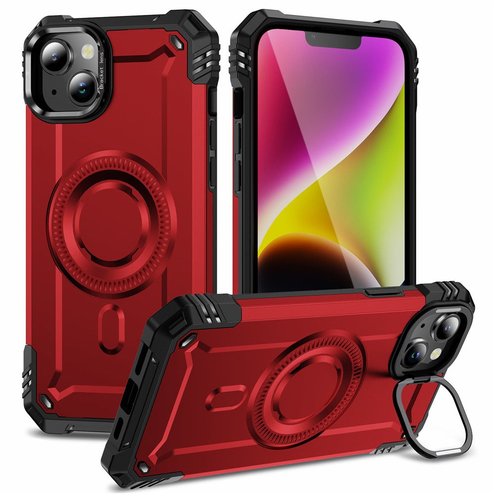 For iPhone 14 Case Compatible with MagSafe Metal Lens Frame Kickstand PC+TPU Mobile Cover