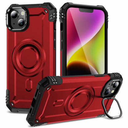 For iPhone 14 Case Compatible with MagSafe Metal Lens Frame Kickstand PC+TPU Mobile Cover