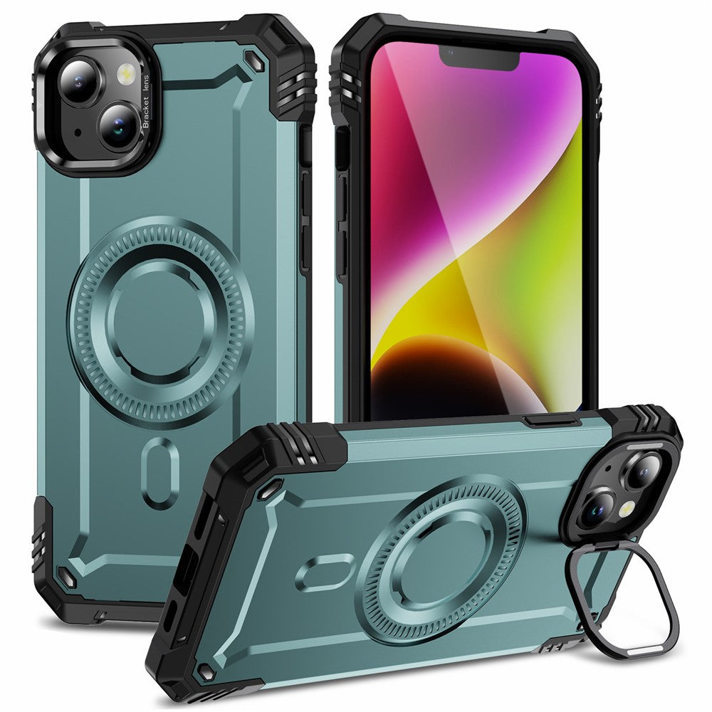 For iPhone 14 Case Compatible with MagSafe Metal Lens Frame Kickstand PC+TPU Mobile Cover