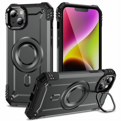 For iPhone 14 Case Compatible with MagSafe Metal Lens Frame Kickstand PC+TPU Mobile Cover