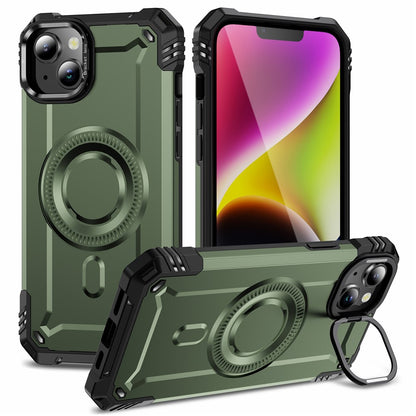For iPhone 14 Case Compatible with MagSafe Metal Lens Frame Kickstand PC+TPU Mobile Cover