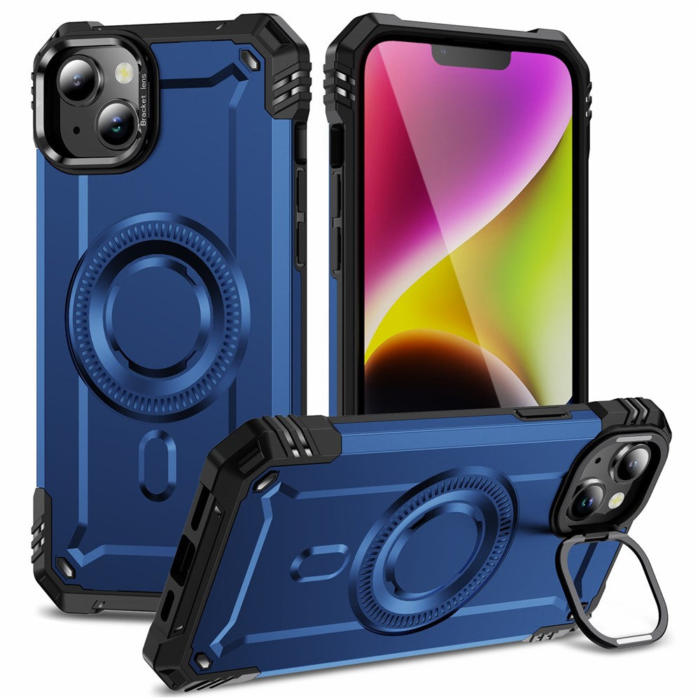 For iPhone 14 Case Compatible with MagSafe Metal Lens Frame Kickstand PC+TPU Mobile Cover