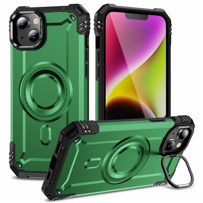 For iPhone 14 Case Compatible with MagSafe Metal Lens Frame Kickstand PC+TPU Mobile Cover