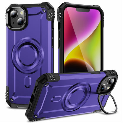 For iPhone 14 Case Compatible with MagSafe Metal Lens Frame Kickstand PC+TPU Mobile Cover