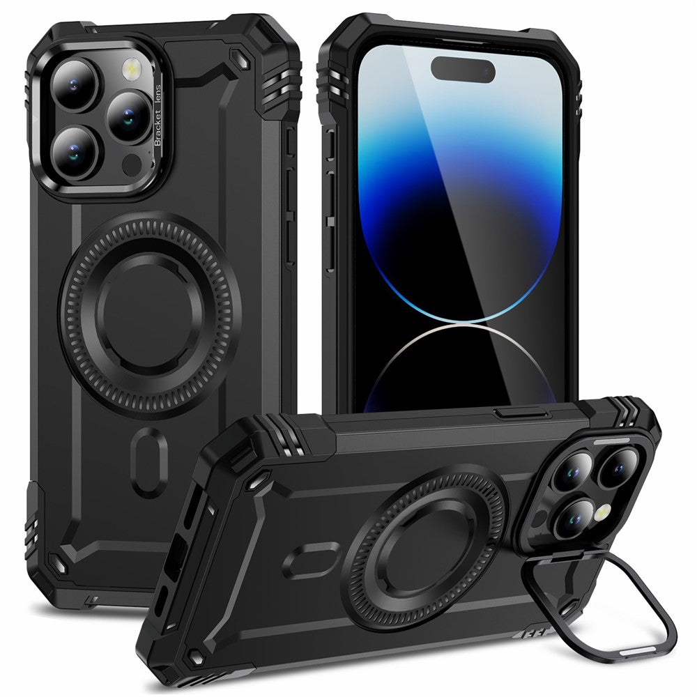 For iPhone 14 Pro Case Compatible with MagSafe Metal Lens Frame Kickstand PC+TPU Mobile Cover